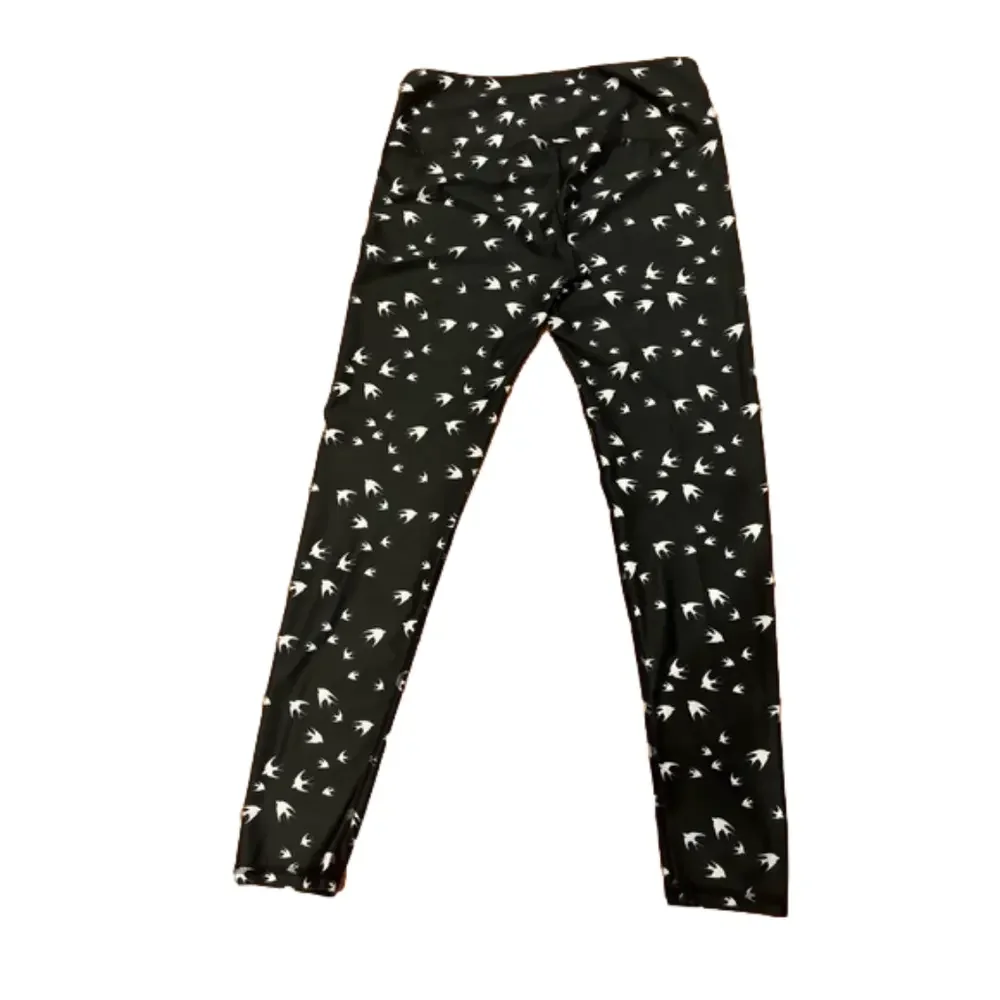 90s NOLI ACTIVE BLACK & WHITE SPARROW LEGGINGS W ALLOVER BIRD PRINT YOGO PANT L - Picture 3 of 6